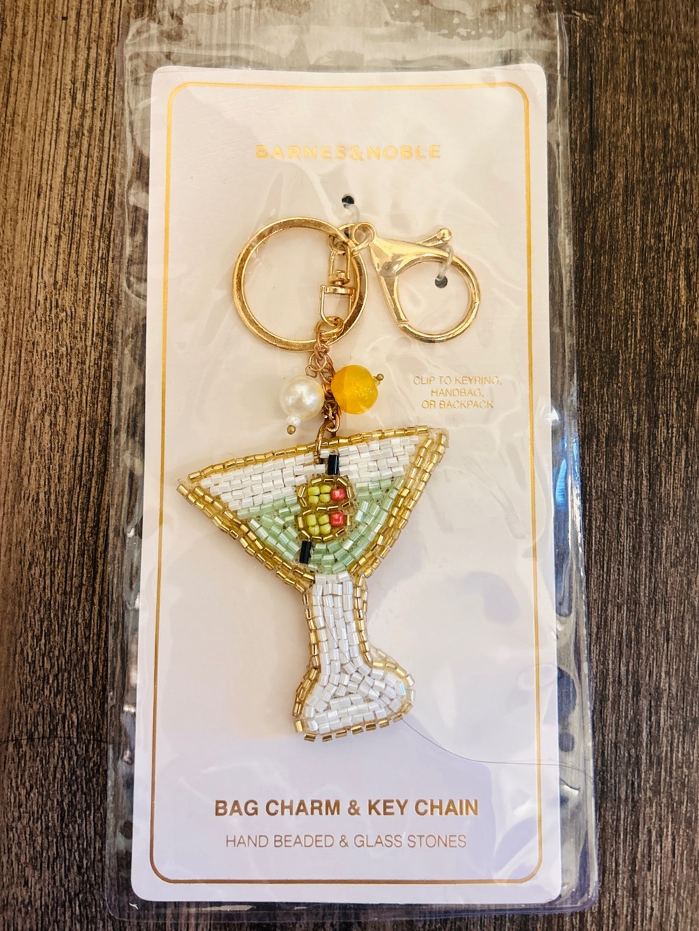 Martini & Olives Gold & Green Beaded Keychain Bag Charm NWT